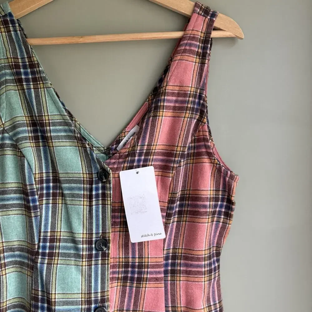 Stitch & Pine Button Front Sleeveless Mini Dress Plaid Retro Grunge 90s S/L - Picture 2 of 12